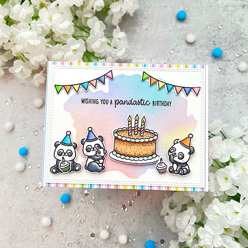 Sunny Studio Panda Bears with Cake, Candles & Banners Punny Rainbow Birthday Card (using Panda Party 4x6 Clear Stamps)
