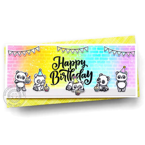 Sunny Studio Panda Bears Party with Rainbow Brick Background Slimline Birthday Card using Panda Party 4x6 Clear Stamps