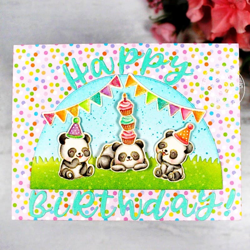 Sunny Studio Panda Bears with Cupcakes & Banners No Line Coloring Birthday Card (using Panda Party 4x6 Clear Stamps)