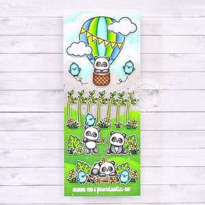 Sunny Studio Panda Bear In Hot Air Balloon with Birds & Clouds Slimline Birthday Card (using Balloon Rides 4x6 Clear Stamps)