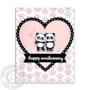 Sunny Studio Pink, Black & White Scalloped Heart Happy Annibearsary Punny Anniversary Card using Panda Party Clear Stamps