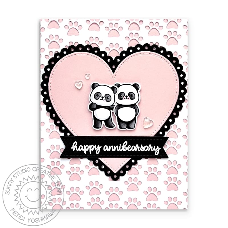 Sunny Studio Pink, Black & White Scalloped Heart Happy Annibearsary Punny Anniversary Card using Panda Party Clear Stamps