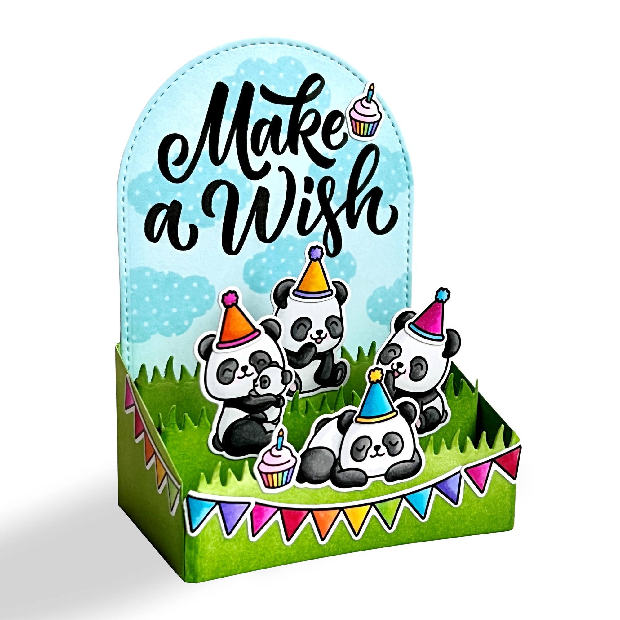 Sunny Studio Make A Wish Pop-up Box Panda Bear Birthday Party Card (using Big Bold Greetings 4x6 Clear Sentiment Stamps)