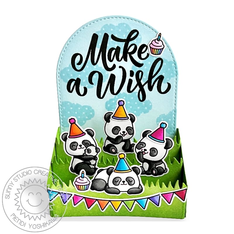 Sunny Studio Stamps Make A Wish Stitched Arch Pop-up Box Panda Bear Birthday Party Card (using Stitched Arch Cutting Dies)