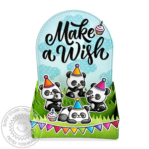 Sunny Studio Make A Wish Stitched Arch Pop-up Box Panda Bear Birthday Party Card (using Panda Party 4x6 Clear Stamps)