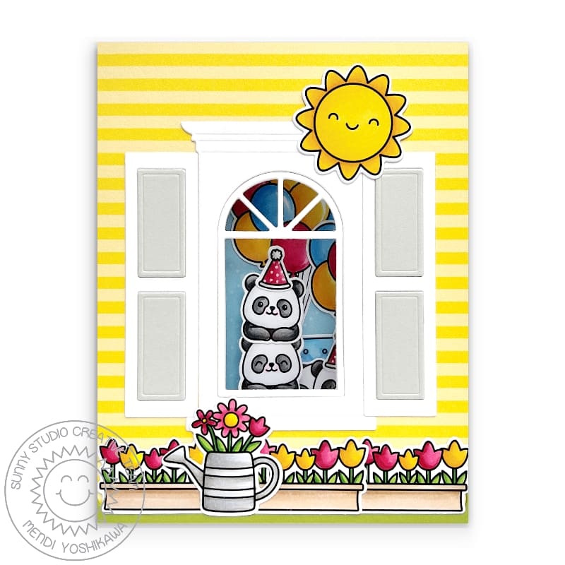 Sunny Studio Stamps Home & Flower Garden Peek Through Window Birthday Card (using Wonderful Windows Metal Cutting Dies)