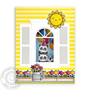 Sunny Studio Tulip Flower Garden & Sunshine Home Peek Through Window Birthday Card (using Panda Party 4x6 Clear Stamps)