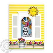 Sunny Studio Home & Tulip Flower Boxes Pandas Peeking Through Window Birthday Card (using Sleek Stripes 6x6 Paper Pad)