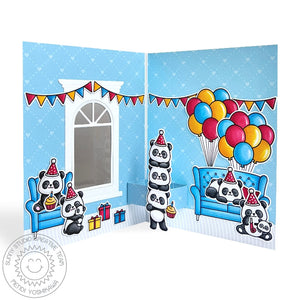 Sunny Studio Panda Bear Birthday Living Room Window & Sofa Scene Pop-up Card (using Panda Party 4x6 Clear Stamps)