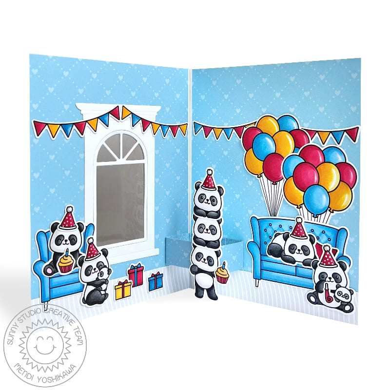 Sunny Studio Panda Bear Birthday Living Room Window & Balloons Scene Pop-up Card (using Floating By Clear Stamps)