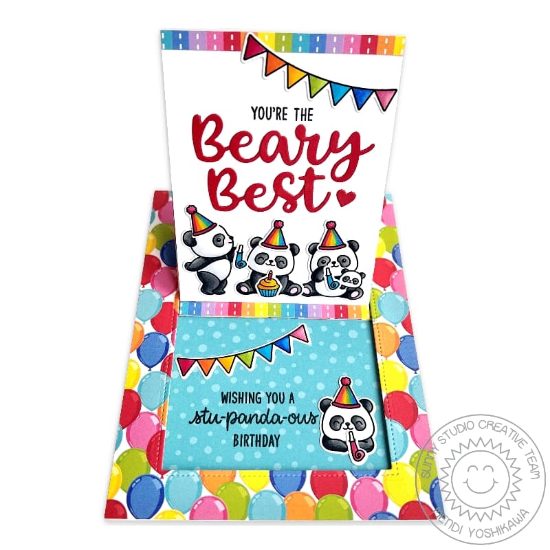 Sunny Studio You're the Beary Best Punny Panda Bear Sliding Window Pop-up Birthday Card (using Panda Party 4x6 Clear Stamps)