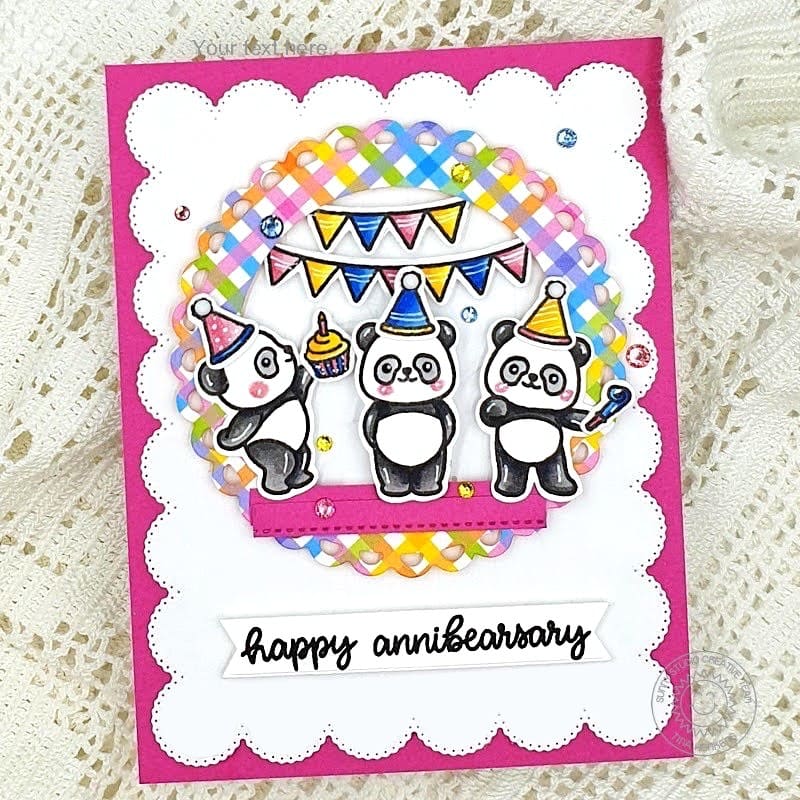 Sunny Studio Happy Annibearsary Colorful Scalloped Panda Bear Punny Anniversary Card (using Panda Party 4x6 Clear Stamps)