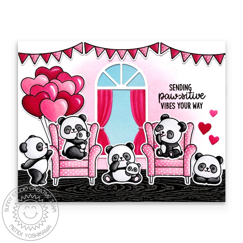 Sunny Studio Pandas with Red & Pink Heart Balloons Sitting on Chairs Valentine's Day Card (using Cozy Christmas Clear Stamps)