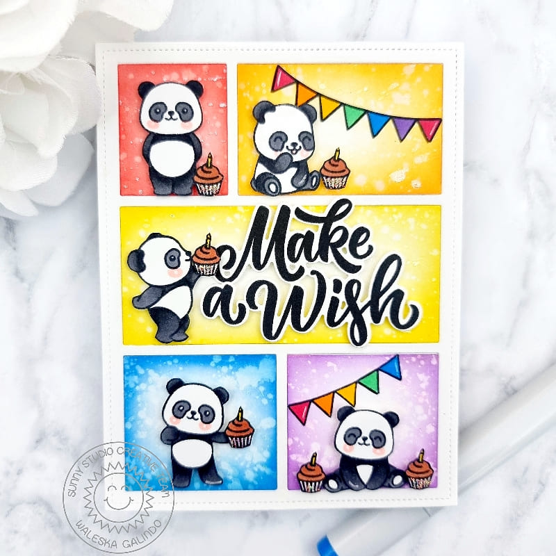 Sunny Studio Make A Wish Panda Bear & Cupcakes Comic Strip Birthday Card (using Big Bold Greetings Clear Sentiment Stamps)