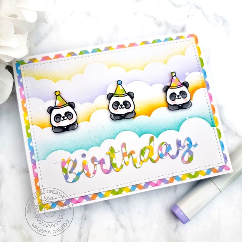 Sunny Studio Stamps Rainbow Gingham Panda in Fluffy Clouds Birthday Day Card (using Hayley Uppercase Alphabet Dies)