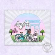 Sunny Studio Bonjour Poodle with Bicycle and Arc de Triomphe Spring Park Themed Card (using Paris Afternoon 4x6 Clear Stamps)