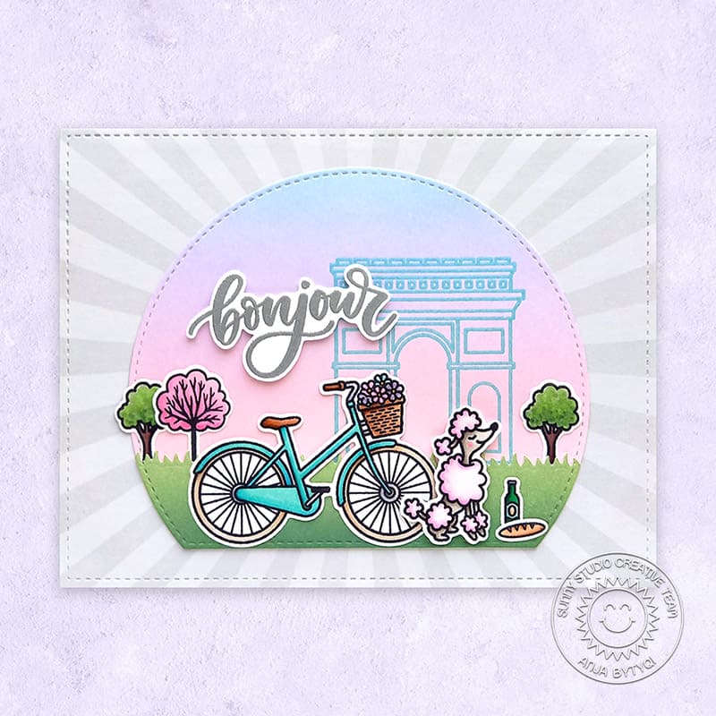 Sunny Studio Bonjour Poodle with Bicycle and Arc de Triomphe Spring Park Themed Card (using Charming City 4x6 Clear Stamps)