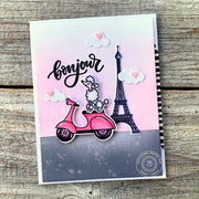 Sunny Studio Pink French Poodle Riding Moped Scooter with Eiffel Tower Bonjour Card (using Paris Afternoon 4x6 Clear Stamps)
