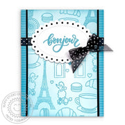 Sunny Studio Bonjour Blue Striped French Inspired Eiffel Tower & Cafe Card (using Paris Afternoon 4x6 Clear Stamps)