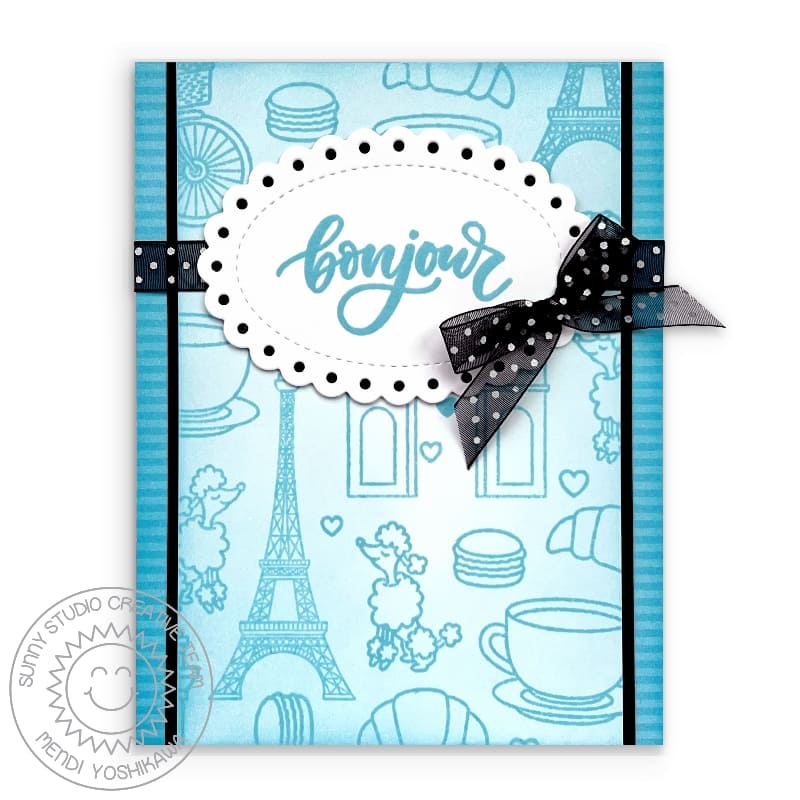 Sunny Studio Bonjour Blue Striped French Inspired Eiffel Tower & Cafe Card (using Paris Afternoon 4x6 Clear Stamps)