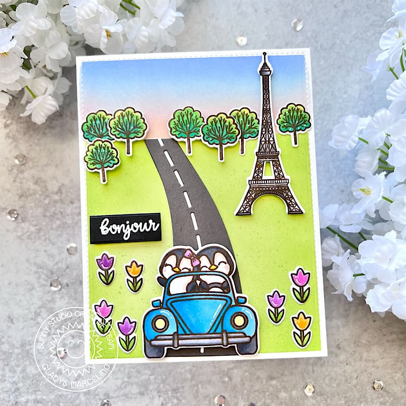 Sunny Studio Penguins in Car Driving Past Eiffel Tower Spring Bonjour Card (using Paris Afternoon 4x6 Clear Stamps)