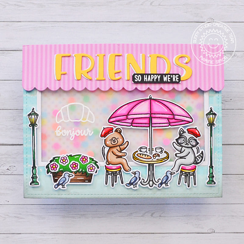 Sunny Studio So Happy We're Friends Critters at French Cafe with Table & Chairs Shaker Card (using Paris Afternoon Clear Stamps)