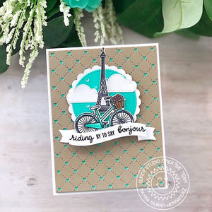 Sunny Studio Stamps Riding By To Say Bonjour Bicycle with Eiffel Tower Card (using Scalloped Circle Mat 1 Dies)
