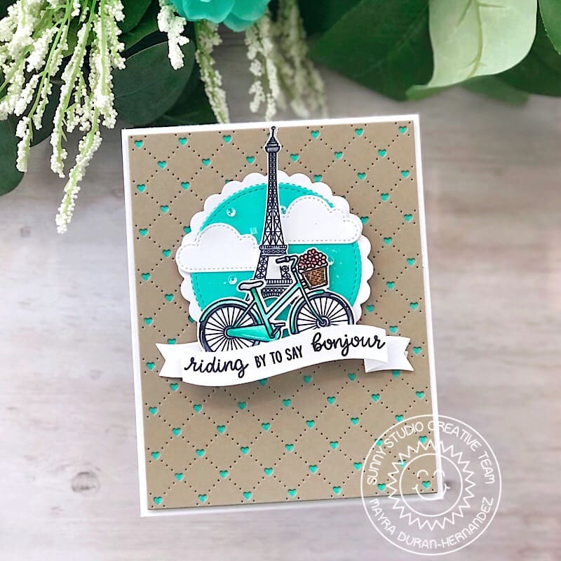 Sunny Studio Stamps Riding By To Say Bonjour Bicycle with Eiffel Tower Card (using Quilted Heart Portrait Background Die)