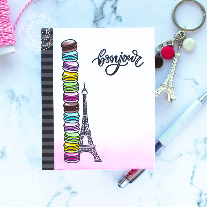 Sunny Studio Stacked Rainbow French Macarons with Eiffel Tower Bonjour Card (using Paris Afternoon 4x6 Clear Stamps)
