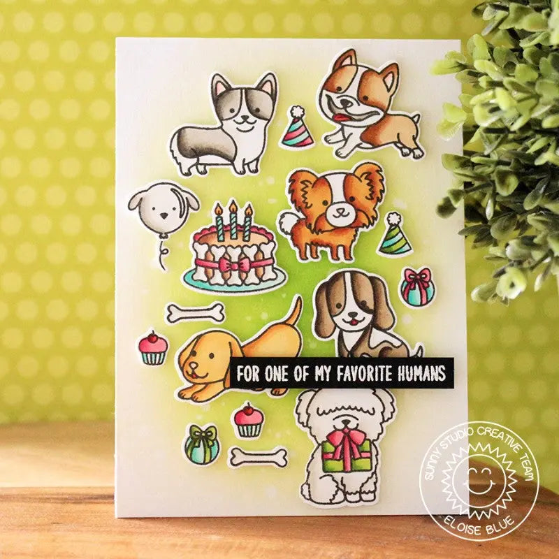Sunny Studio Stamps Party Pups Dog Birthday Card with Tetris Style background 