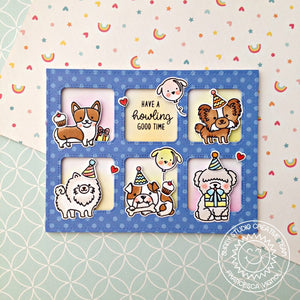 Sunny Studio Stamps Party Pups Dog Birthday Grid Style Card using Window Trio Square dies