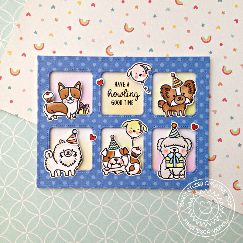 Sunny Studio Stamps Party Pups Birthday Dog Card featuring Blue Polka-dot Parade 6x6 Patterned Paper