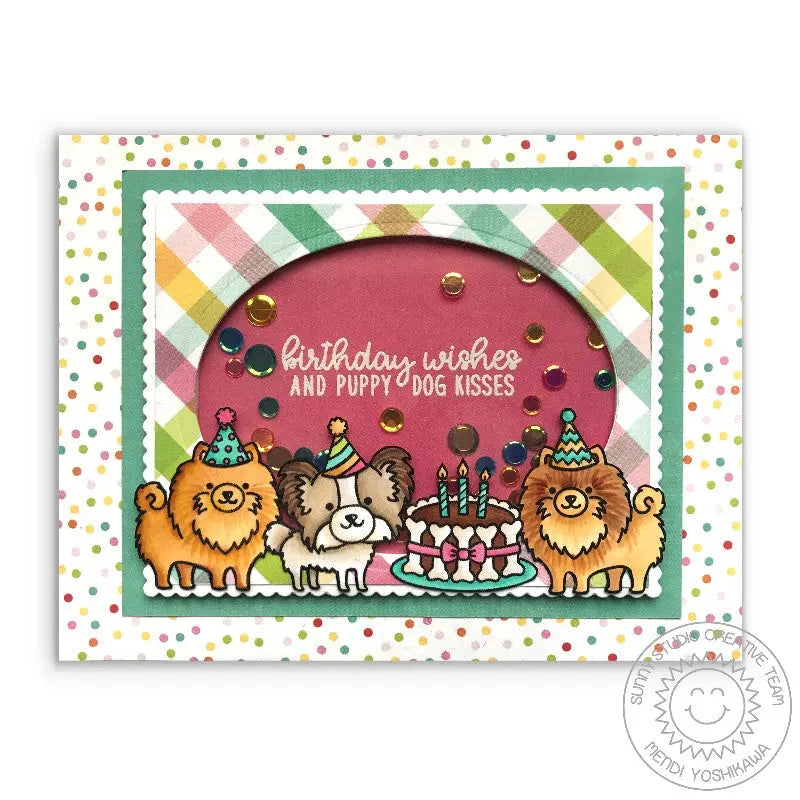 Sunny Studio Party Pups Pomeranian & Papillon Birthday Confetti Shaker Card