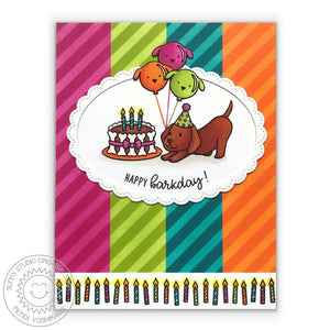 Sunny Studio Happy Barkday Dog themed Birthday Card featuring Fancy Frames Stitched Scallop Oval Dies