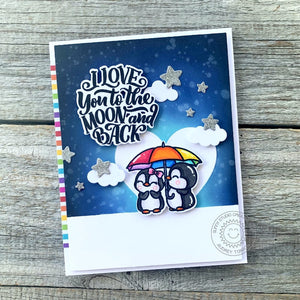 Sunny Studio I Love You To the Moon & Back Penguins with Stars Night Sky Card (using Lovey Dovey 4x6 Clear Sentiment Stamps)