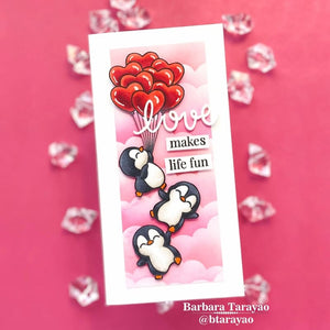 Sunny Studio Love Makes Life Fun Penguins with Balloons & Pink Clouds Slimline Valentine's Day Card (using Passionate Penguins 4x6 Clear Stamps)