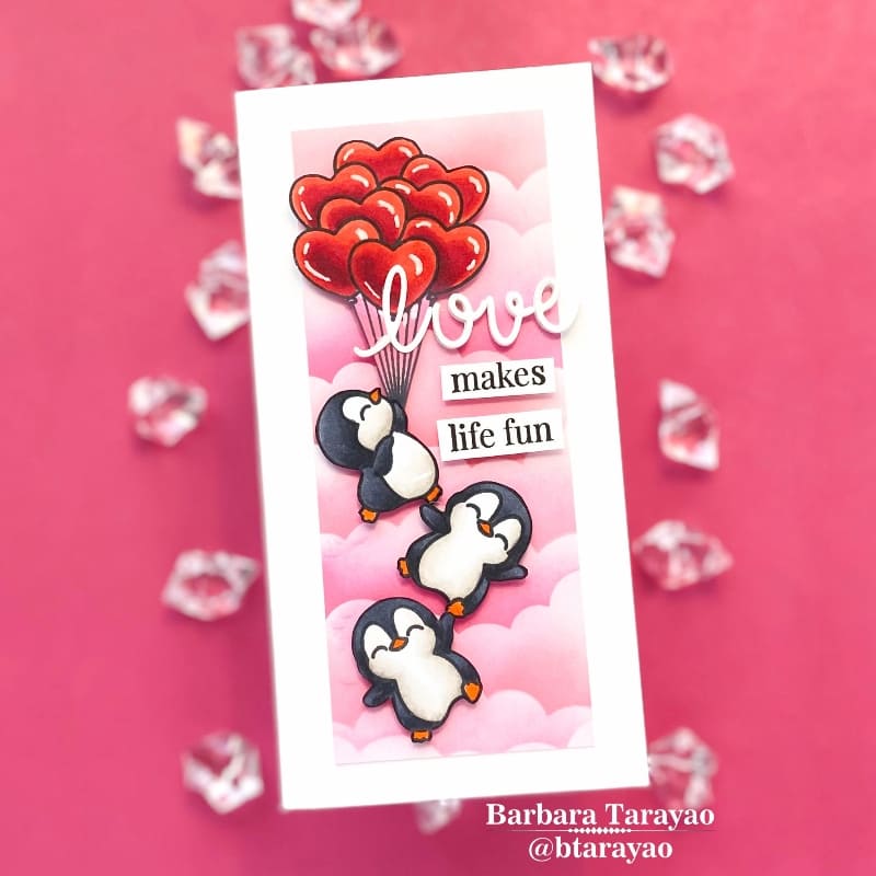 Sunny Studio Penguins with Balloons & Pink Clouds Slimline Valentine's Day Card using Loopy Letters Alphabet Cutting Dies