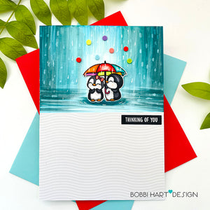 Sunny Studio Penguins with Rainbow Umbrella in Pouring Rain Thinking of You Card (using Passionate Penguins Clear Stamps)