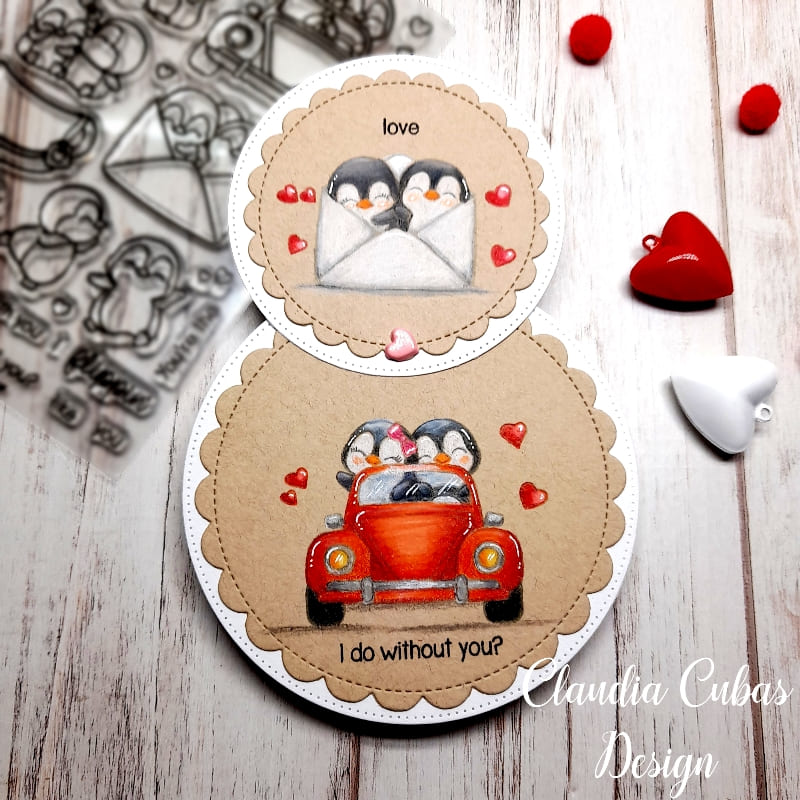 Sunny Studio Penguins in Envelope & Car Interactive Scalloped Circle Valentine's Day Card (using Passionate Penguins Clear Stamps)