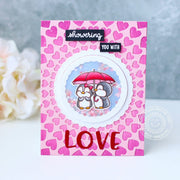 Sunny Studio Stamp Showering You with Love Penguins Umbrella Valentine's Day Shaker Card using Bursting Heart Background Die