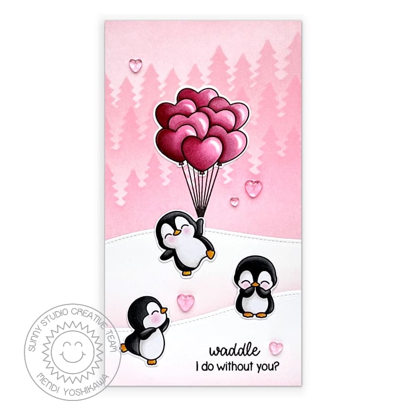 Sunny Studio Punny Penguins with Balloons Mini Slimline Valentine's Day Card (using Heart Bouquet 2x3 Clear Stamps)