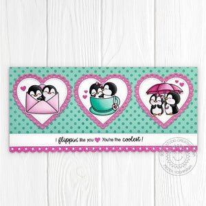 Sunny Studio Stamps I Flippin' Like You Punny Penguin Slimline Valentine's Day Card using Scalloped Heart Metal Cutting Dies