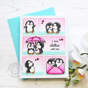 Sunny Studio Penguins Pink & Aqua Comic Strip Style Valentine's Day Card (using Passionate Penguins 4x6 Clear Stamps)