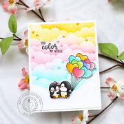 Sunny Studio Pastel Rainbow Clouds Penguin with Heart Balloons Valentine's Day Card (using Heart Bouquet 2x3 Clear Stamps)