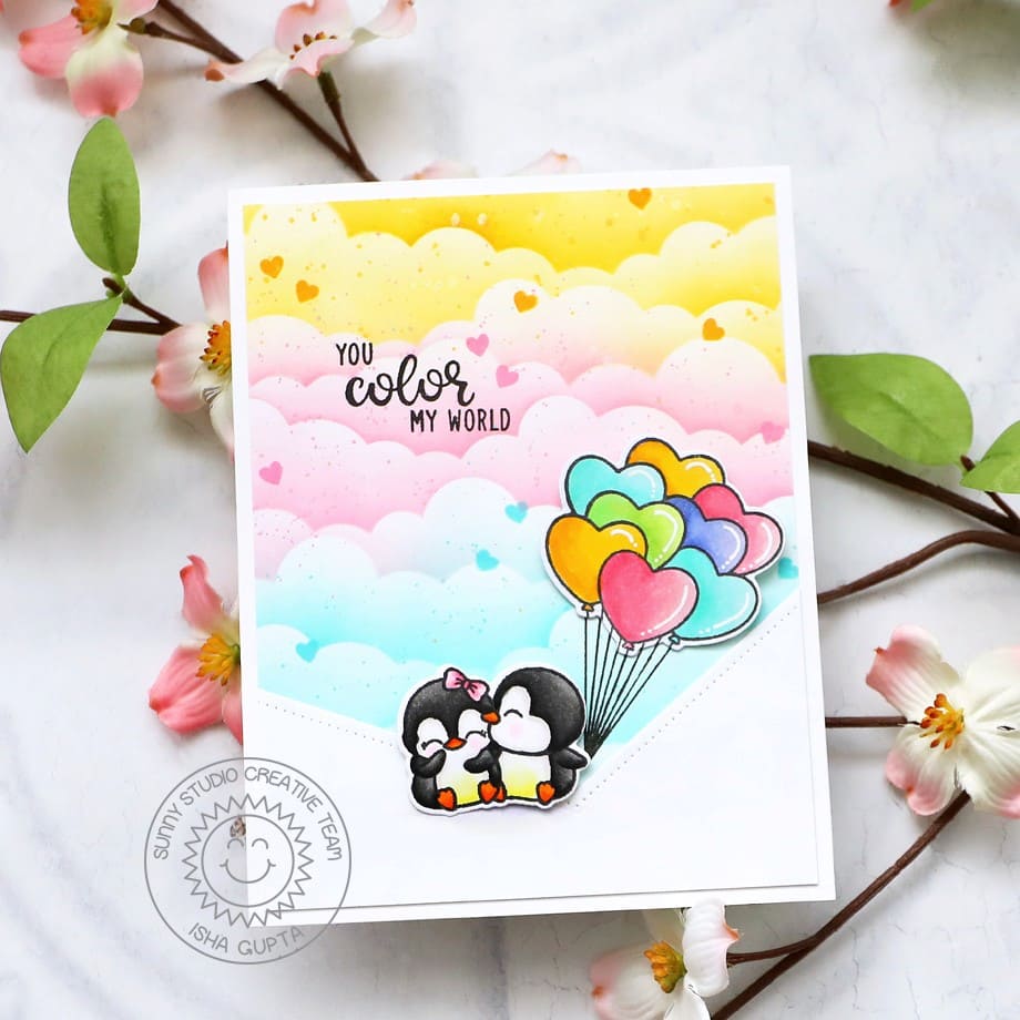 Sunny Studio Pastel Rainbow Clouds Penguin with Heart Balloons Valentine's Day Card (using Slimline Nature Border Dies)
