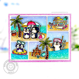 Sunny Studio Penguins at the Beach Comic Strip Style Summer Card (using Passionate Penguins 4x6 Clear Stamps)