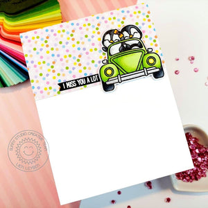 Sunny Studio Stamps Pink Polka-Dot Penguins Couple In Car CAS Clean & Simple Miss You Card (using Spring Fever 6x6 Paper)