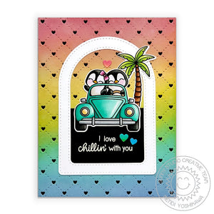 Sunny Studio Stamps Love Chilling with You Penguins in Car Rainbow Card using Quilted Hearts Portrait Background Cutting Die