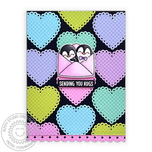 Sunny Studio Scalloped Heart Sending You Hugs Envelope Card (using Passionate Penguins 4x6 Clear Stamps)