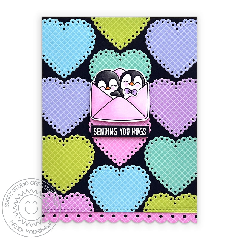 Sunny Studio Stamps Sending You Hugs Penguins in Envelope Card (using Scalloped Heart Metal Cutting Dies)